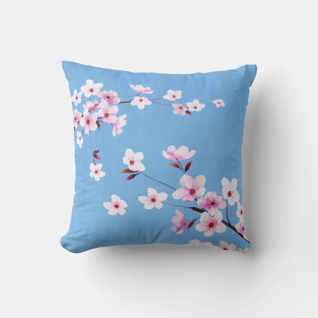 Almofada Primavera Blue Sky Cherry Blossom Flores Warecolor (Frente)