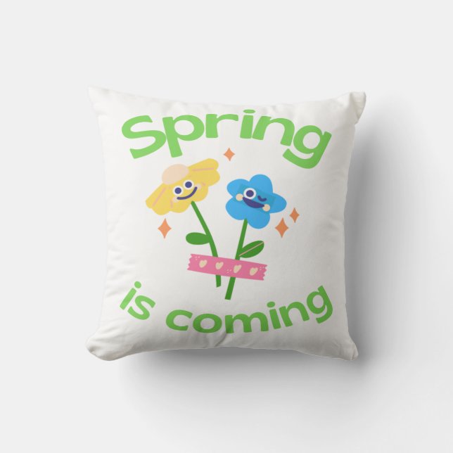 Almofada Primavera está chegando flores azuis e amarelas (Frente)