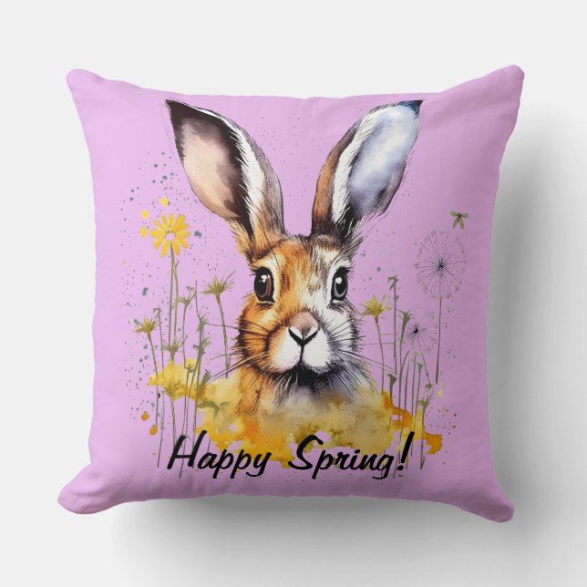 Almofada Primavera Floral Bunny feliz com Dandelions amarel (Frente)