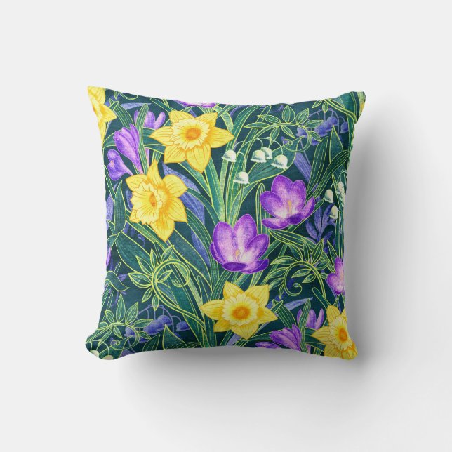 Almofada Primavera Floral com Daffodils e Flores Crocus (Frente)