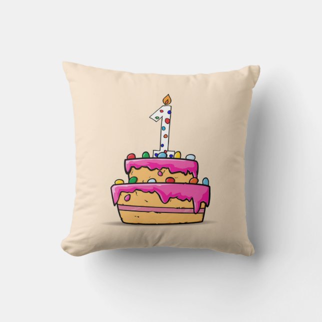 Almofada Primeiro aniversario, 1 no Bolo Rosa Doce (Frente)