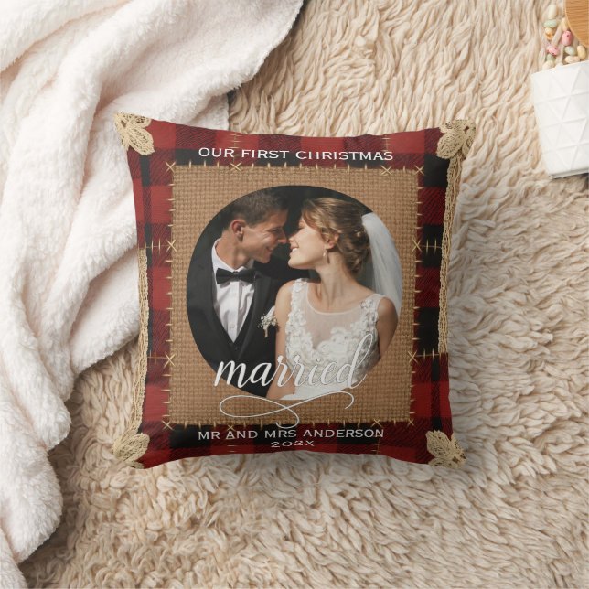 Almofada Primeiro Natal Casado Plaid Tábua de Madeira Rústi (Cobertor)