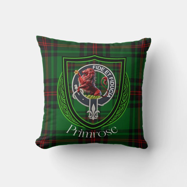 Almofada Primrose Scottish Clan Tartan & Crest (Frente)