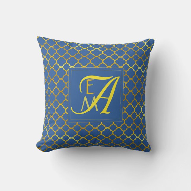 Almofada Princesa Azul Quatrefoil MONOGRAM Casamento Recém- (Frente)