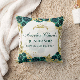 Almofada Princesa Floral Verde Arco Dourado Quinceanera
