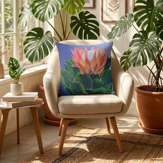 Almofada Protea Rei Ousada | Arte Floral Pintada à Mão (On Chair)