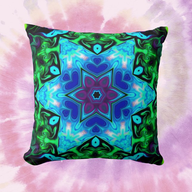 Almofada Psicodélico Mandala Flor Azul Roxo e Verde (Criador carregado)
