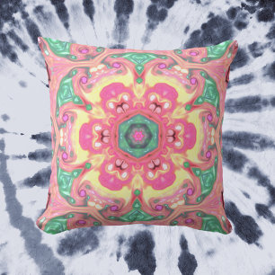 Almofada Psicodélico Mandala Flor Verde Rosa e Amarelo