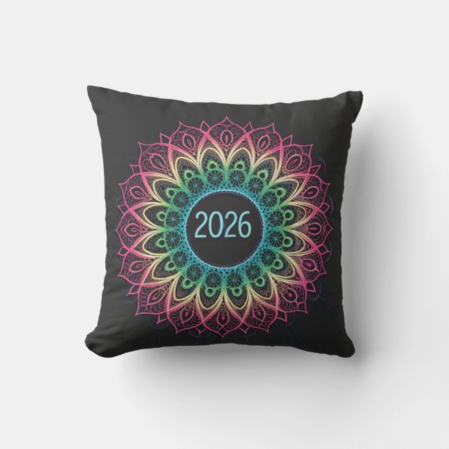 Almofada Psychedelic Fractal Mandala 2026 Design with Neon  (Frente)