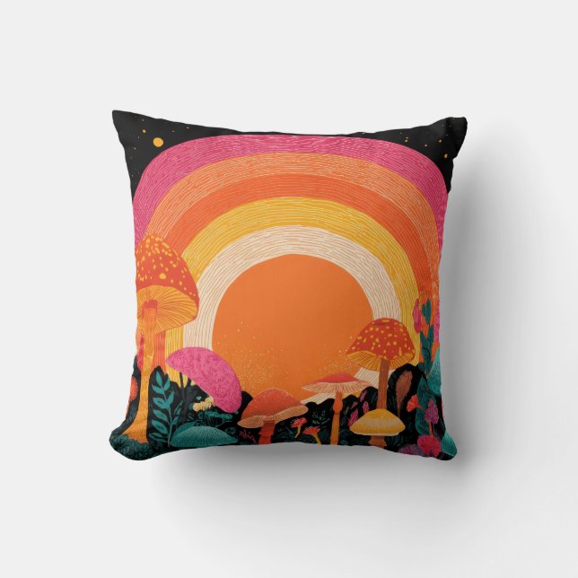 Almofada Psychedelic Mushroom Sunset – Retro Fantasy Nature (Frente)