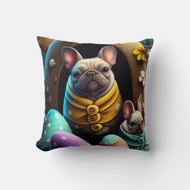 Almofada Pug Adorável com Ovos de Páscoa Um Festejo Fofo (Frente)