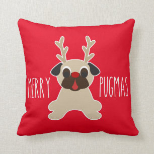 Almofada Pug alegre da rena do travesseiro do Natal de