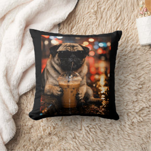 Almofada Pug Divertido Bebendo Café Gelado Presente para Am