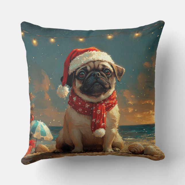 Almofada Pug Dog Christmas Vintage Beach (Verso)