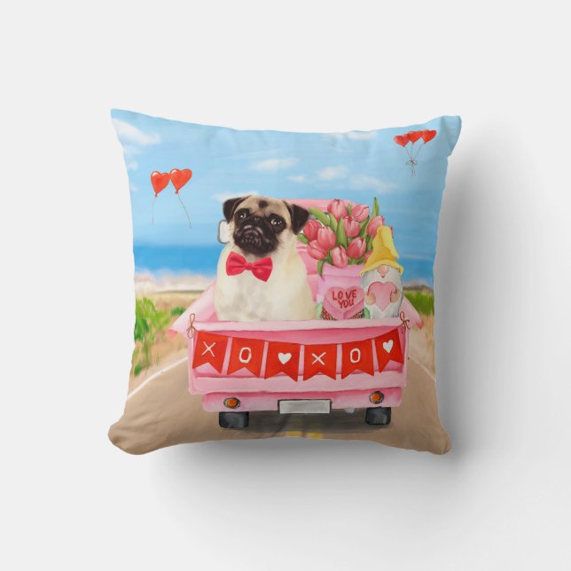 Almofada Pug Dog Dia de os namorados Truck Hearts (Frente)