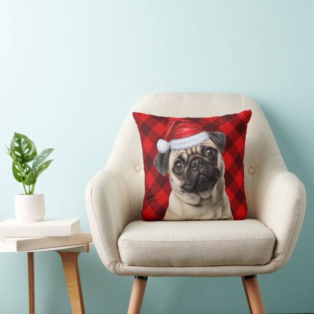Almofada Pug Dog Red Buffalo Plaid Christmas Holiday (Cadeira)