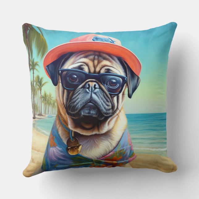Almofada Pug na Praia, presente de verão para amante de cãe (Verso)