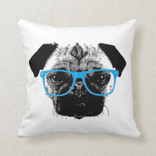 Almofada Pug Nerdy no hipster azul dos vidros