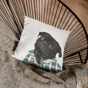 Almofada Pug Preto Adorável com Óculos e Camisa