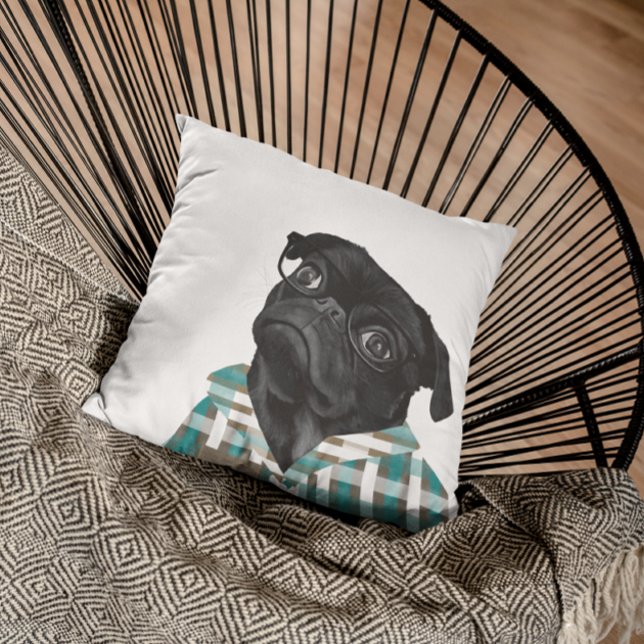 Almofada Pug Preto Adorável com Óculos e Camisa (Criador carregado)