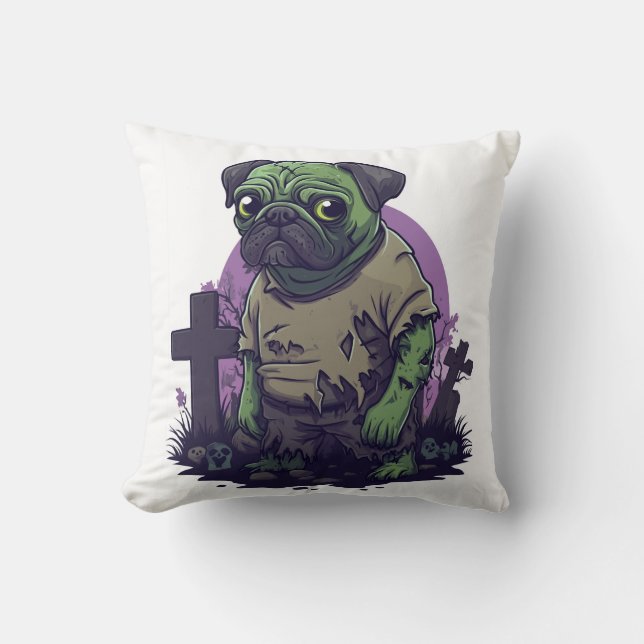 Almofada Pug Zumbi � Cachorro de Halloween Divertido e Sem  (Frente)