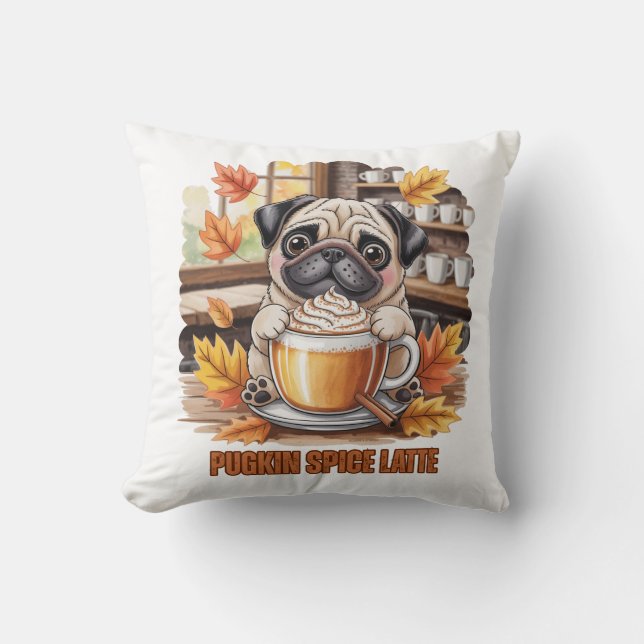 Almofada Pugkin Spice Latte – Cute Autumn Pug Coffee Design (Frente)