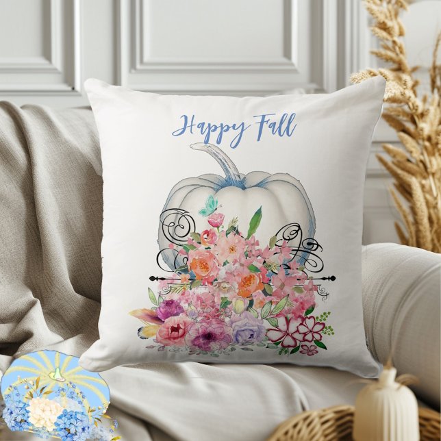 Almofada Pumpkin De Aquarela Branca De Queda Feliz Flora Ro (Happy Fall White Pumpkin Watercolor Pink Flora Throw Pillow)