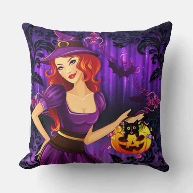 Almofada Pumpkin De Bruxas Noturnas De Halloween E Gato Neg (Frente)