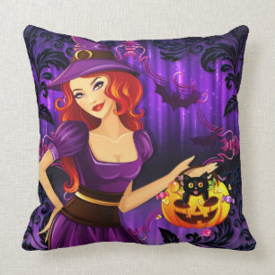 Almofada Pumpkin De Bruxas Noturnas De Halloween E Gato Neg