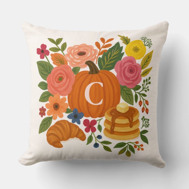 Almofada Pumpkin Floral Monogram Throw Pillow (Frente)