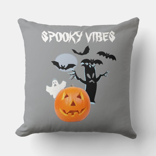 Almofada Pumpkin Laranja com Espírito Branco e Bats (Frente)