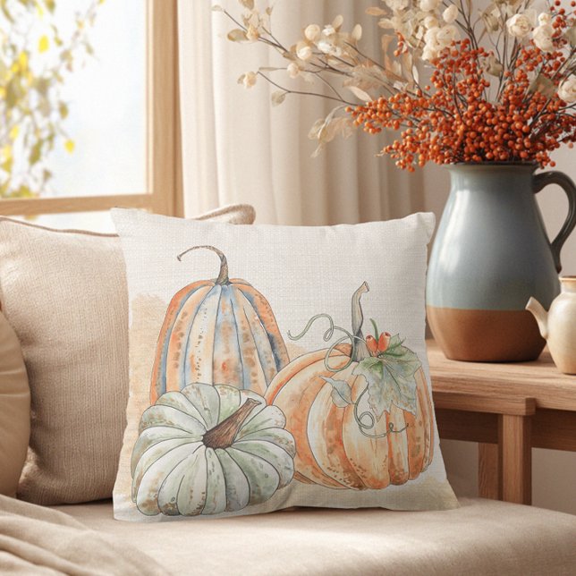 Almofada Pumpkins de Aquarela (Fall Farmhouse Pumpkin Throw Pillow)