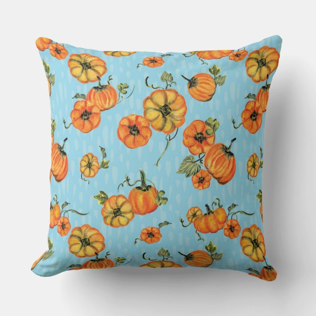 Almofada Pumpkins Laranja/Azul com Aquarela (Frente)
