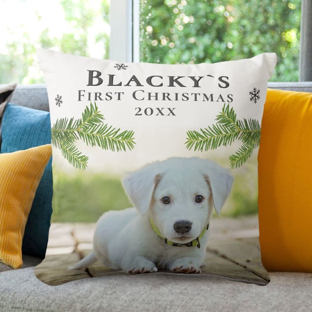 Almofada Puppy First Christmas Pine Branch Dog Foto (Criador carregado)
