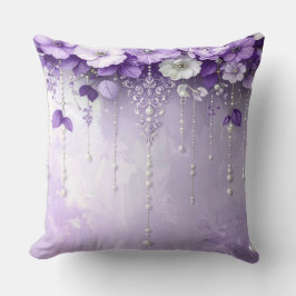 Almofada Purple Flowers with Dangling Pearls Throw Pillow