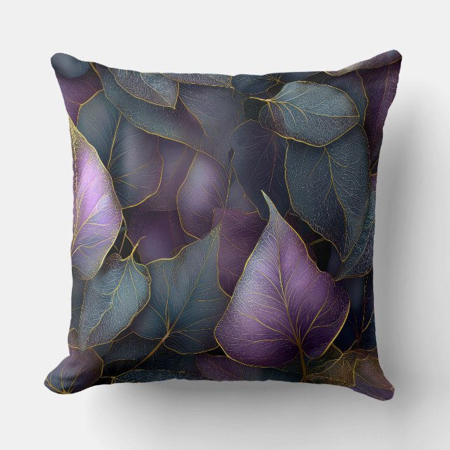 Almofada Purple Gold Botanical Leaves Throw Pillow (Frente)