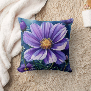Almofada Púrpura Aster Setembro Aniversário Aquarela