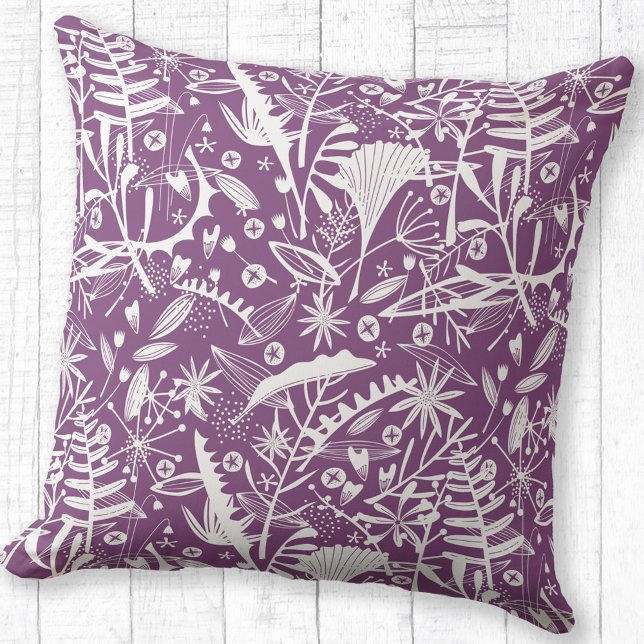 Almofada Púrpura Botânica Floral (Botanical silhouette pattern purple throw pillow)