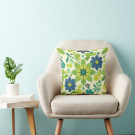 Almofada Quadrada de Lançar com Flores Azuis e Ve