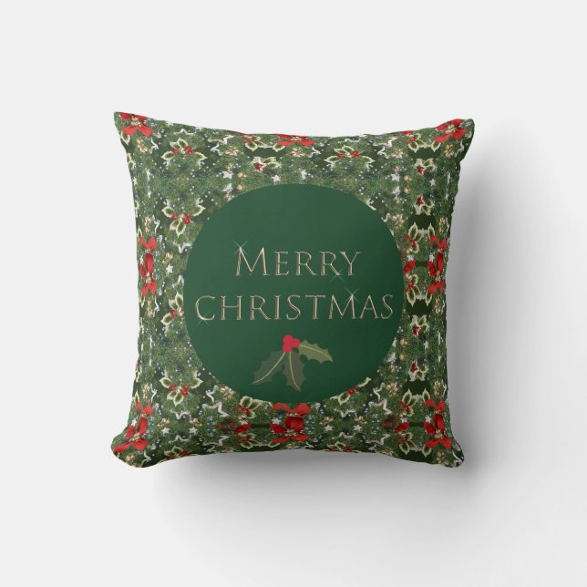 Almofada Quadrado de Natal Verde e Vermelho Holly Pattern (Frente)