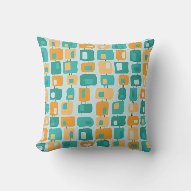 Almofada Quadrados Funky Padrão Retro Aqua, Azul Turquesa,  (Frente)