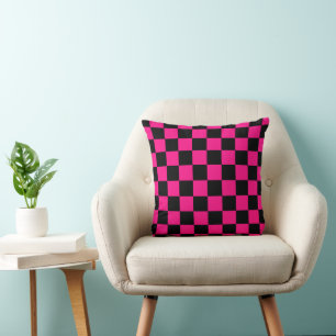 Almofada Quadrados verificados retro geométrico preto-rosa-