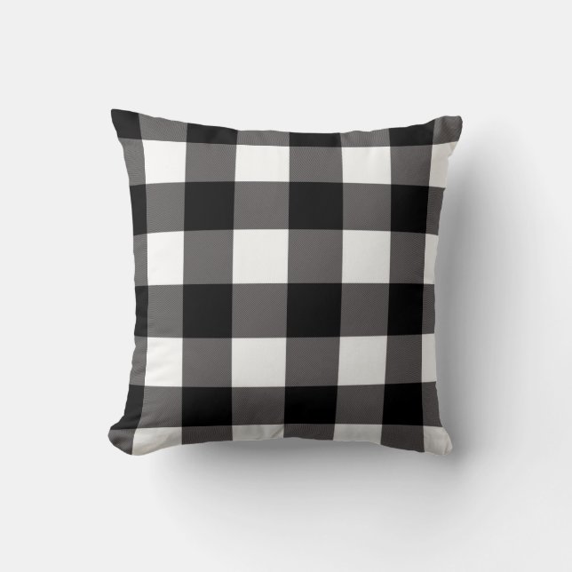 Almofada Quadrados Xadrez Preto e Branco Plaid de Búfalo (Frente)