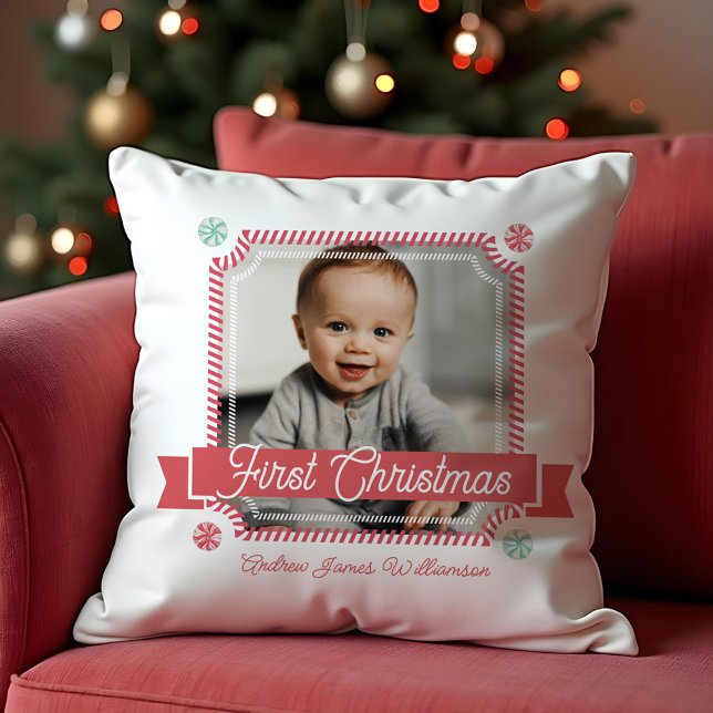 Almofada Quadro Fotográfico de Canas Doces de Natal (Fun Candy First Christmas Candy Cane Photo Frame Throw Pillow)