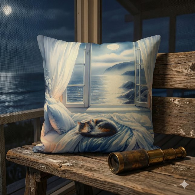Almofada Quarto Costeiro ao Luar com Gato Adormecido (Moonlit Coastal Bedroom with Sleeping Cat Throw Pillow Mockup A)