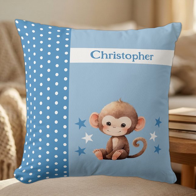 Almofada Quarto de criança adicionar nome macaco azul fofo (Criador carregado)