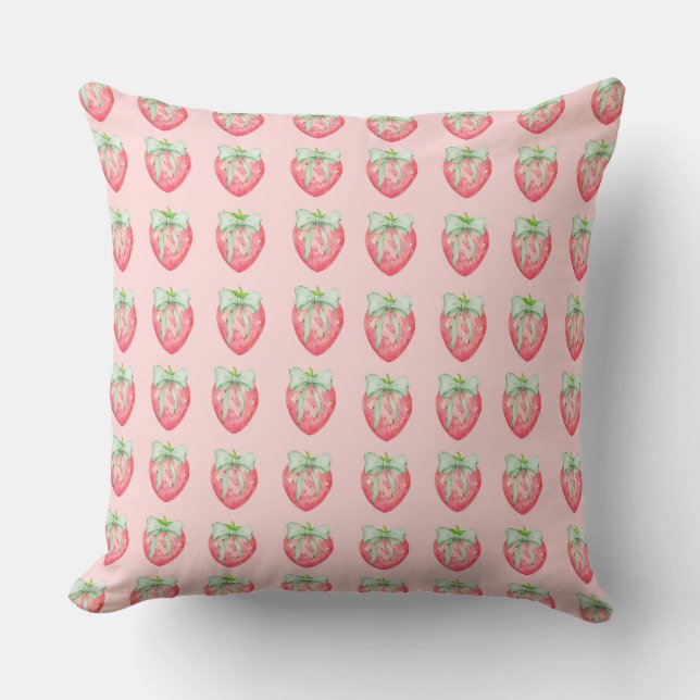 Almofada Quarto de Menina com Estampa de Morango e Laço Ver (Frente)