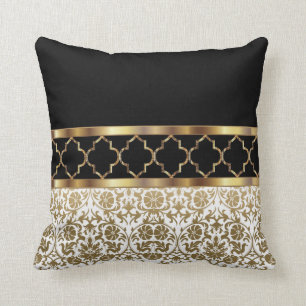 Almofada Quatrefoil branco, preto e Dourado e Cor damasco