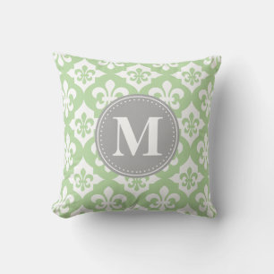 Almofada Quatrefoil Fleur-De-Lis Mint Cinza Verde Monograma