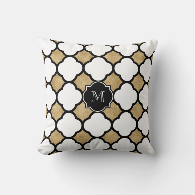 Almofada Quatrefoil Geométrico Dourado Branco Monograma (Frente)